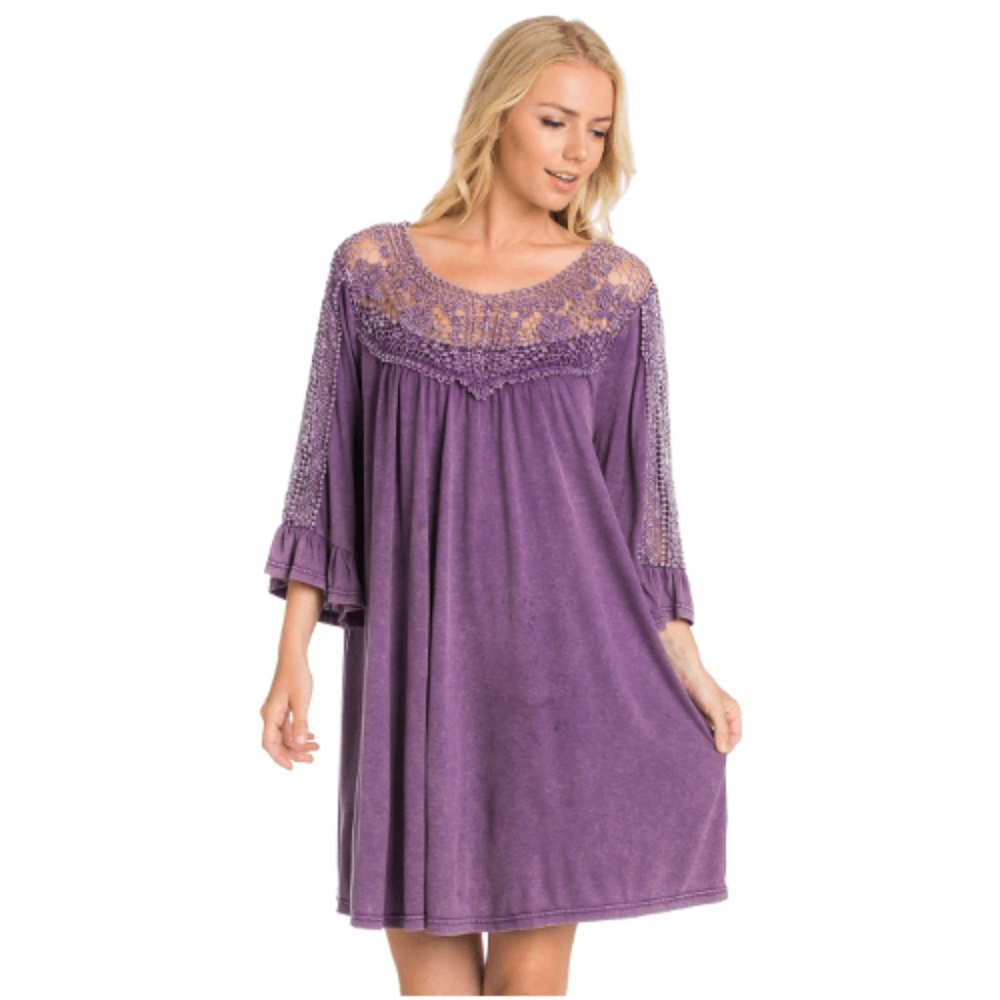 Crochet Lace Trim Dress Purple Relaxed Fit